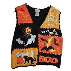 Basic Editions Women's Halloween Ugly Sweater Vest XL Black Applique Vintage 90s